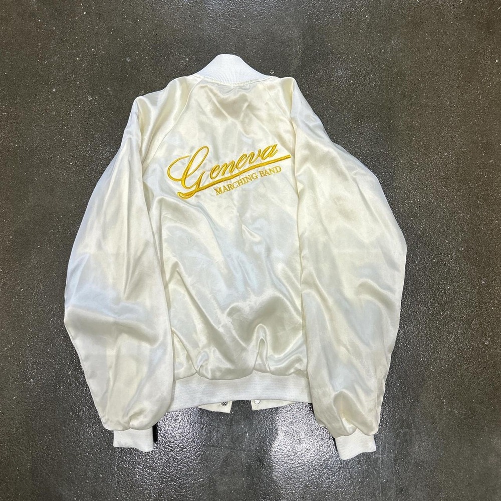 Vintage 80s Geneva College Marching Band White Satin Size Small Bomber Jacket